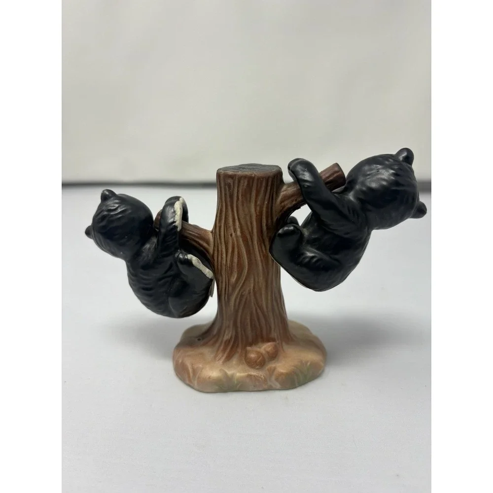 Vintage Japan Ceramic Black White Bear Cubs Hanging Tree Salt Pepper Shakers MCM
